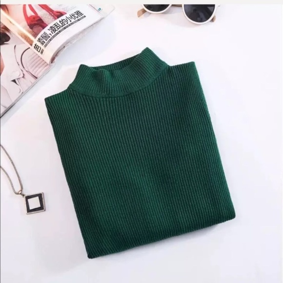 Emerald Green Ribbed Knit Mock Neck Sweater Top - Picture 5 of 6